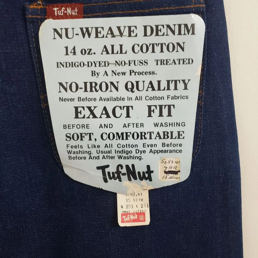 VTG 60s Tuf-Nut Nu-Weave Denim Jeans 15 Slim USA Made High Waist New Old Stock - Picture 3 of 3